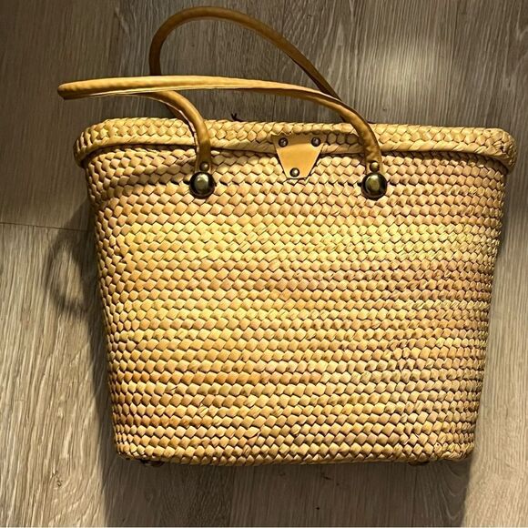 Straw Wicker 60s 70s Vintage Woven Large Dual Handle Yarn Floral Yarn Tote Bag - Picture 5 of 11